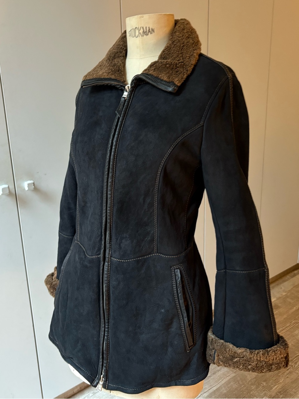 Classic Shearling-Lined Suede Coat - Black/Brown fur jacket